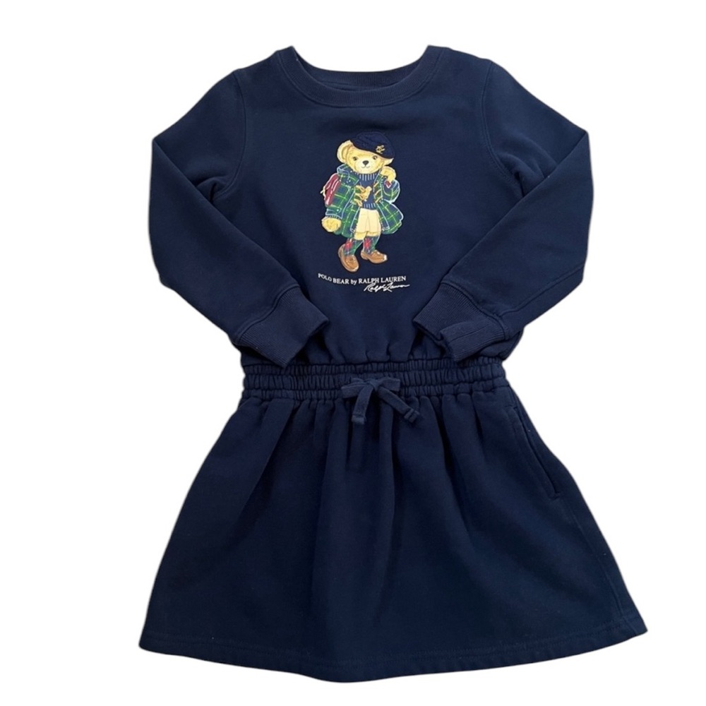 Polo Ralph Lauren Girl's Navy Blue Sweatshirt Polo Bear Dress Tie Waist Size 4T